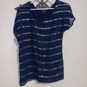 Navy shear top with gold sequins lines size Lg